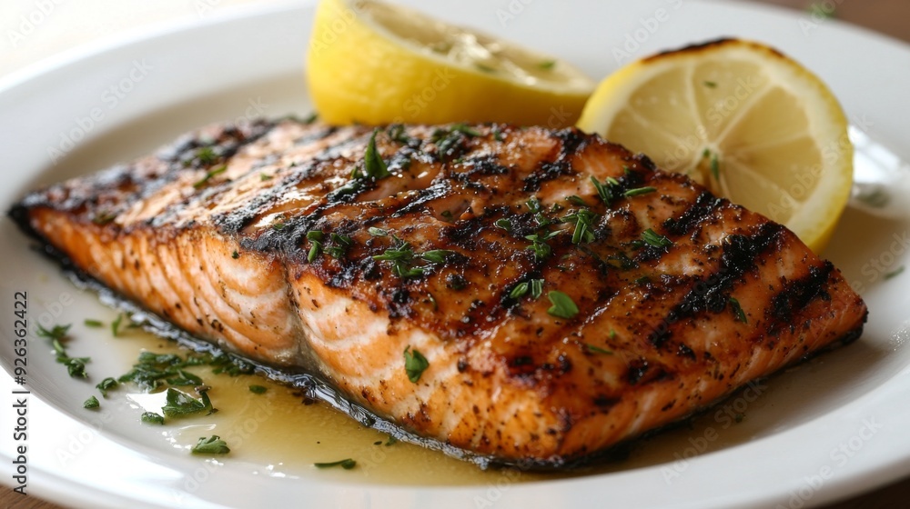 A close-up of a perfectly grilled salmon fillet with crispy skin and a succulent interior, garnished with lemon and herbs on a clean plate. A close-up of a perfectly grilled salmon fillet with crispy skin and a succulent interior, garnished with lemon and herbs on a clean plate.
