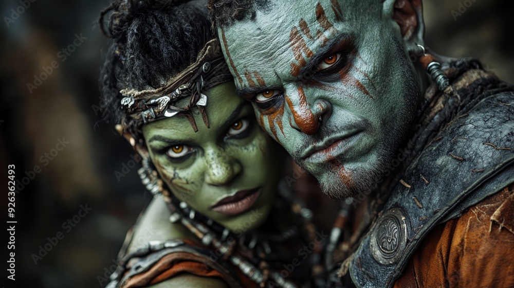 Green-skinned fantasy characters with detailed painted faces and intense expressions, adorned with tribal accessories, showing a fierce bond captured in dramatic lighting. Green-skinned fantasy characters with detailed painted faces and intense expressions, adorned with tribal accessories, showing a fierce bond captured in dramatic lighting.