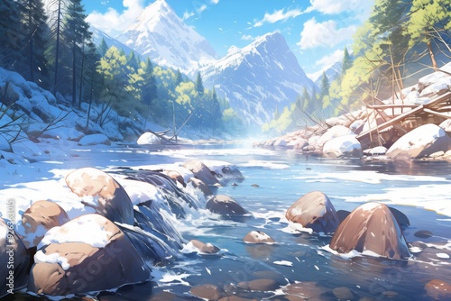 Snow-Capped Mountain Majesty and River Scenery Under a Clear Sky: A 13-Piece Anime Series Capturing the Essence of Winter Wonders,Anime Comic Style Art.For Poster,Novel,UI,WEB,Game,Design,book illustr photo