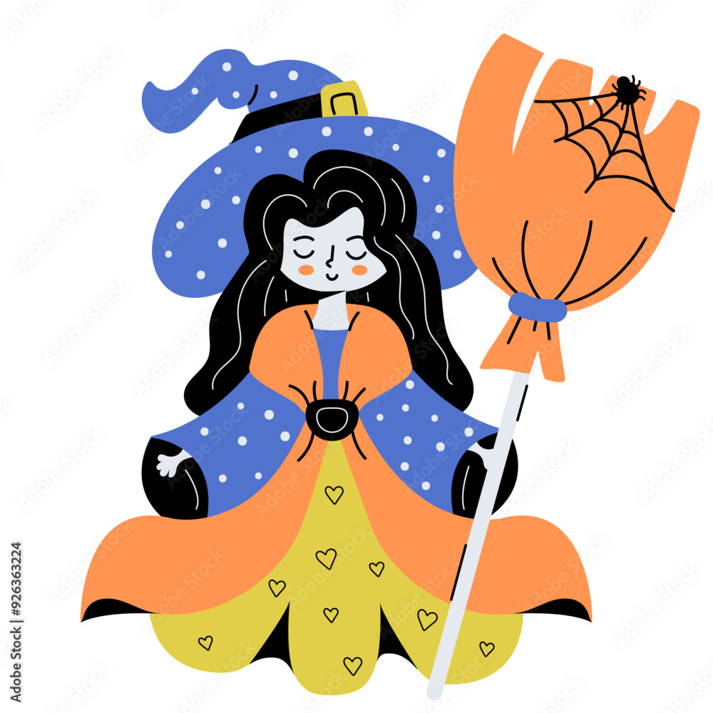 Fototapeta premium Young pretty witch halloween holiday, cartoon vector isolated illustration on the white background
