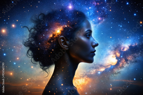 female inner world as space. Beautiful girl profile over cosmic background