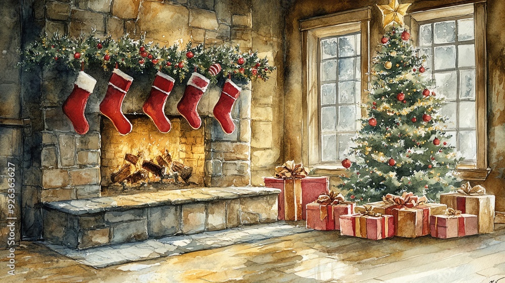 Fototapeta premium A watercolorstyle depiction of a Christmas Eve scene with stockings hanging by the fireplace