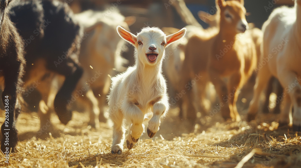 Φωτογραφία A playful baby goat frolics in the summer sun amidst a farm's animal companions