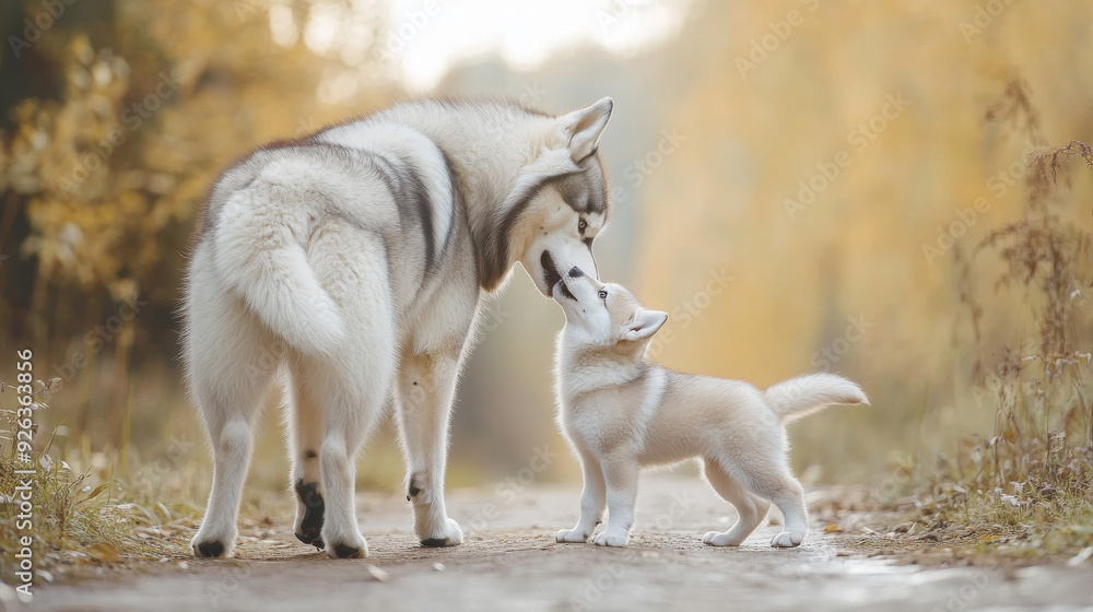 Fototapeta premium A playful baby husky gently tugs on its big brother's tail, showcasing the adorable bond between the young and mature canines. --ar 16:9 --v 6.1 Job ID: 7a8a7ecf-2b67-4f2a-8627-313ecd3598b4