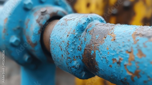 A close-up image of a corroded blue pipeline, showcasing signs of industrial wear and tear, highlighting themes of durability and the technical aspects of pipeline maintenance. photo