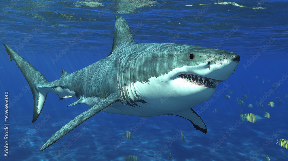 A realistic image of a great white shark, created with 3D software. --ar 16:9 --v 6.1 Job ID: 2e8d425b-4464-46d0-9cb0-aca3e10f00a5 A realistic image of a great white shark, created with 3D software. --ar 16:9 --v 6.1 Job ID: 2e8d425b-4464-46d0-9cb0-aca3e10f00a5