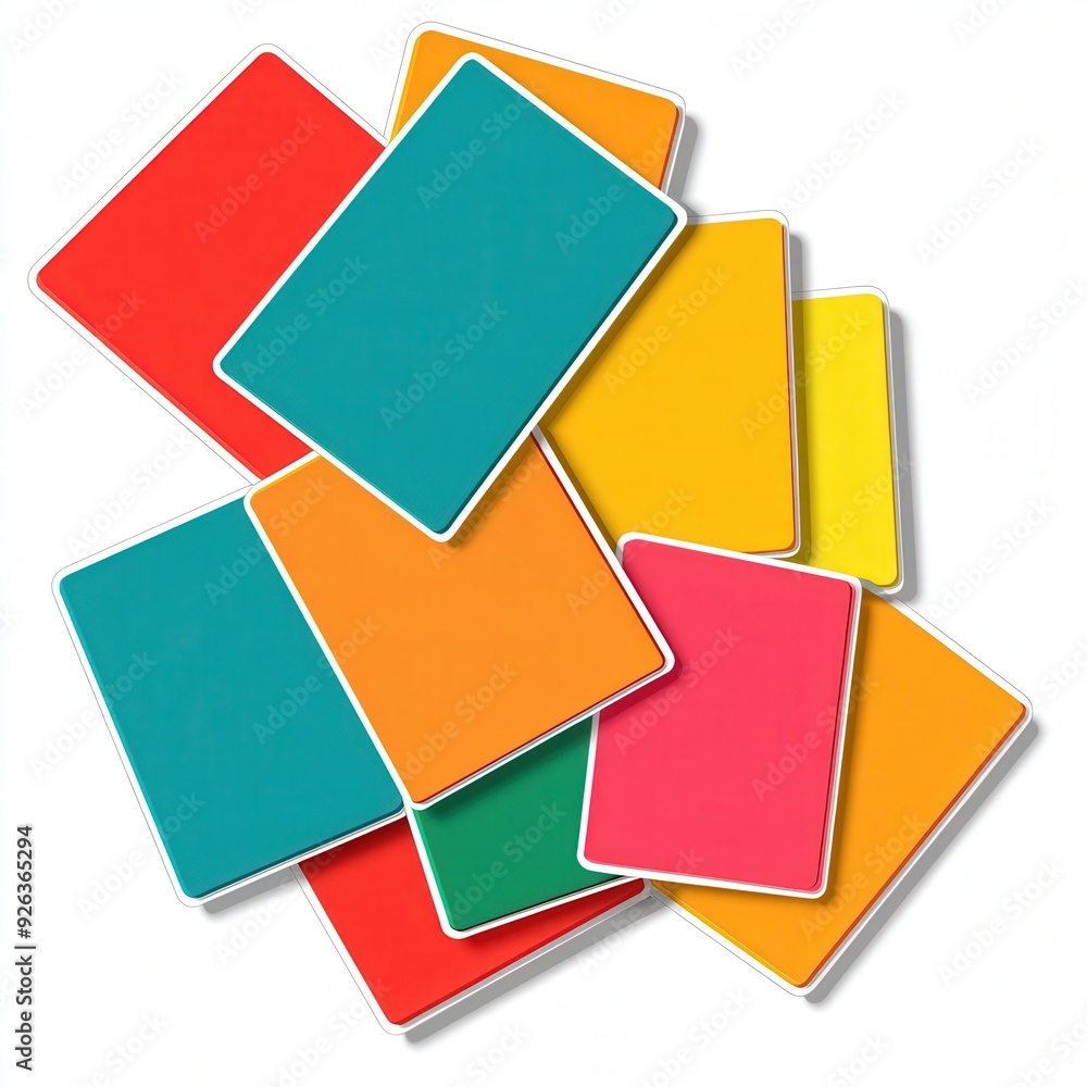 A vibrant collection of colorful blank cards stacked in various positions, ideal for educational or creative projects. A vibrant collection of colorful blank cards stacked in various positions, ideal for educational or creative projects.