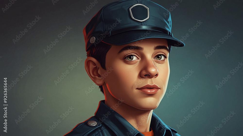Portrait of a Young Boy in a Uniform and Cap with Serious Expression and Dark Background Portrait of a Young Boy in a Uniform and Cap with Serious Expression and Dark Background