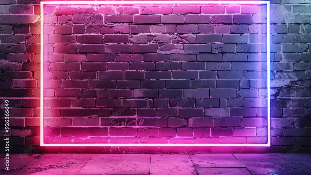 Neon light glowing and changing colors on a brick wall Neon light glowing and changing colors on a brick wall