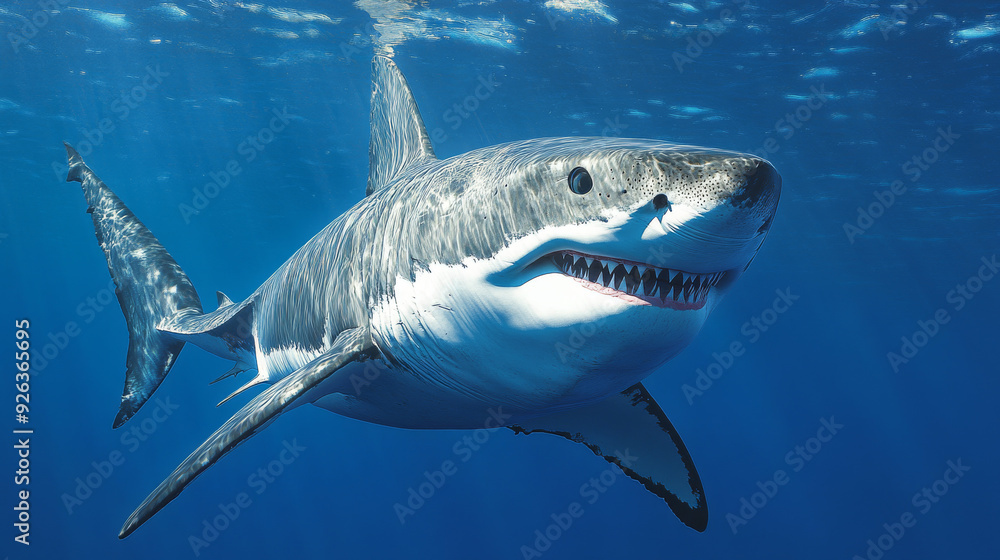 Fototapeta premium A realistic image of a great white shark, created with 3D software. --ar 16:9 --v 6.1 Job ID: 2e8d425b-4464-46d0-9cb0-aca3e10f00a5