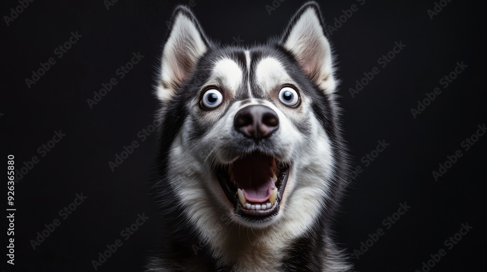 A Siberian Husky dog with wide-open eyes and mouth, looking surprised, on a black background. --ar 16:9 --v 6.1 Job ID: d54c1c91-2d22-4f7e-a8ce-cc26d23cf1f7 A Siberian Husky dog with wide-open eyes and mouth, looking surprised, on a black background. --ar 16:9 --v 6.1 Job ID: d54c1c91-2d22-4f7e-a8ce-cc26d23cf1f7