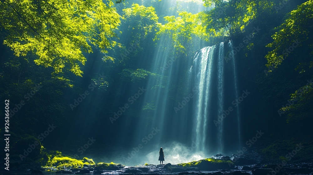 Serene Discovery of Hidden Waterfall in Lush Forest with Sunlight Filtering Through Trees Serene Discovery of Hidden Waterfall in Lush Forest with Sunlight Filtering Through Trees