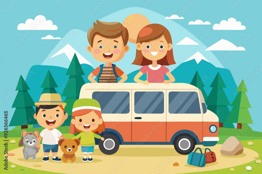 Happy family road trip. Mom, Dad, children and a dog traveling on a tourist minivan
Happy family road trip. Mom, Dad, children and a dog traveling on a tourist minivan