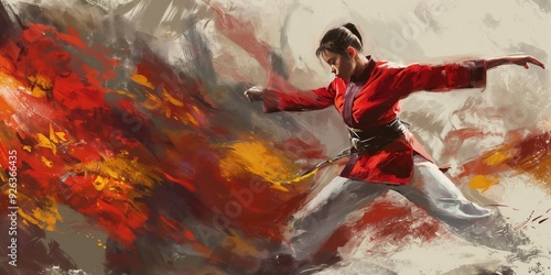 Dynamic Female Karate Artist in Action created by ai