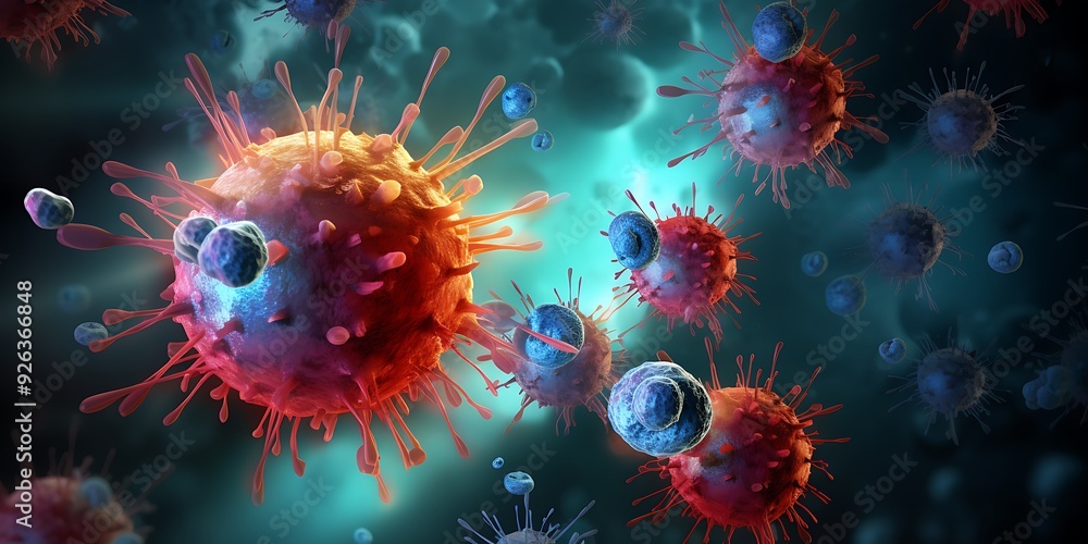 A virus with many spikes. Concept of danger and fear, as the virus is depicted as a menacing and deadly force A virus with many spikes. Concept of danger and fear, as the virus is depicted as a menacing and deadly force