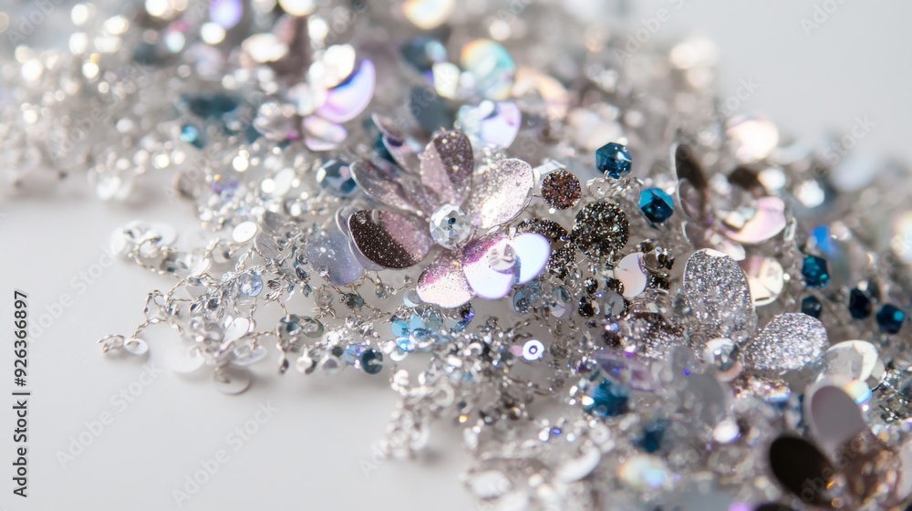A close-up of a sparkly hair accessory with sequins and glitter, positioned on a plain white surface to emphasize its shiny and eye-catching features. A close-up of a sparkly hair accessory with sequins and glitter, positioned on a plain white surface to emphasize its shiny and eye-catching features.