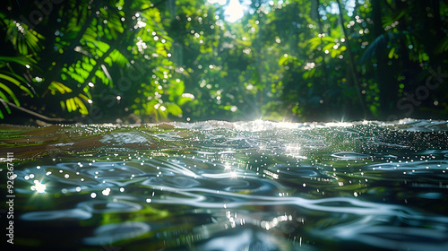 A photograph of a river in the Amazon rainforest with sunlight filtering through lush green trees