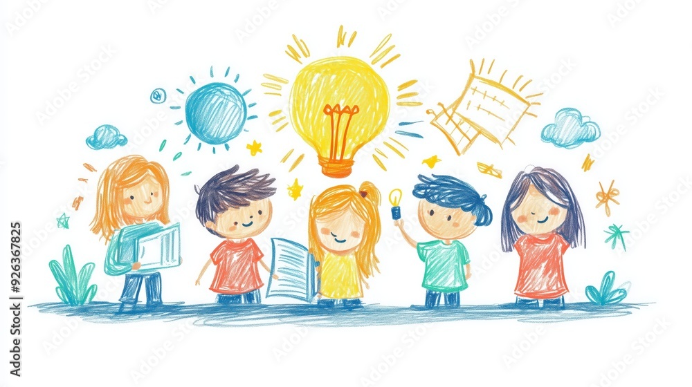 Children collaborating on a school project, creative teamwork, hand-drawn style, pastel colors, isolated on white background. Copy space for text, No logo, No Trademark, No text Children collaborating on a school project, creative teamwork, hand-drawn style, pastel colors, isolated on white background. Copy space for text, No logo, No Trademark, No text