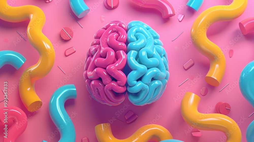 Colorful Abstract Brain Made of Hollow Tubes on Pastel Background Colorful Abstract Brain Made of Hollow Tubes on Pastel Background