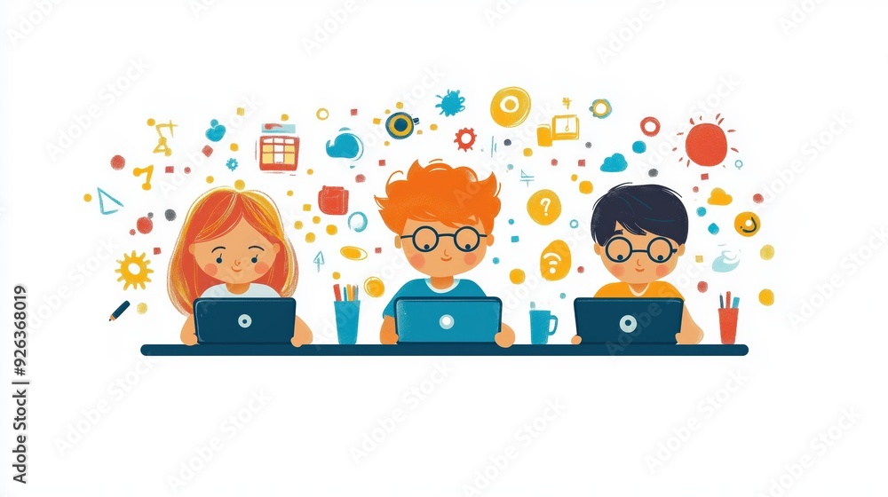 Children working on a tech gadget, creativity and teamwork, detailed vector art, vibrant colors, isolated on white background. Copy space for text, No logo, No Trademark, No text Children working on a tech gadget, creativity and teamwork, detailed vector art, vibrant colors, isolated on white background. Copy space for text, No logo, No Trademark, No text