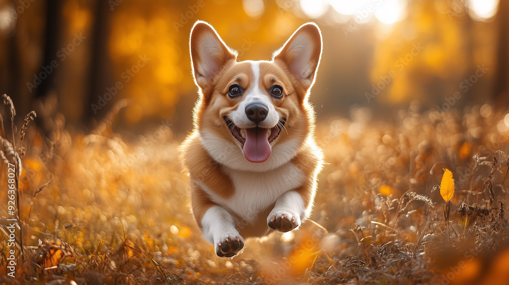A cute Corgi dog running and jumping in an autumn forest park A cute Corgi dog running and jumping in an autumn forest park