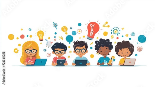 Children working on a tech gadget, creativity and teamwork, detailed vector art, vibrant colors, isolated on white background. Copy space for text, No logo, No Trademark, No text