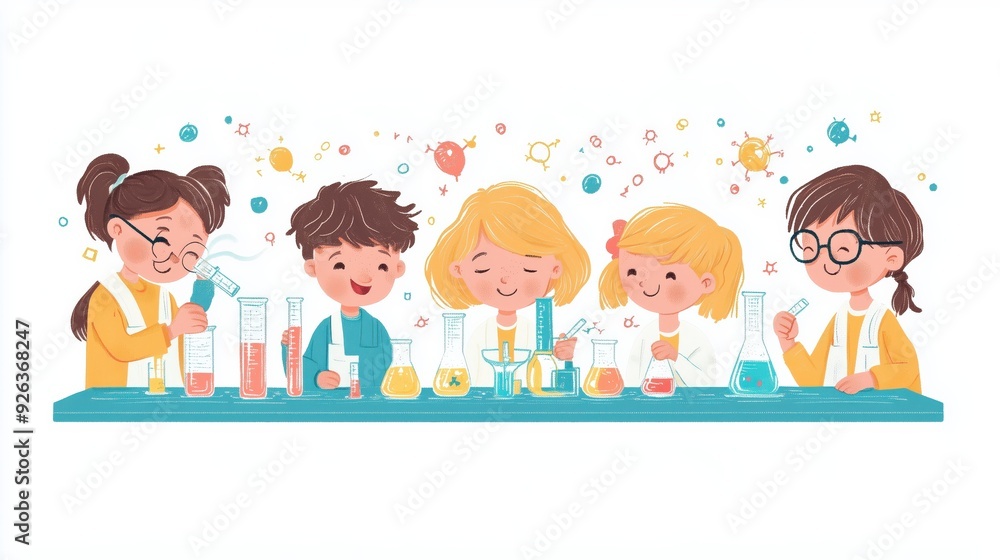 Kids working on a science experiment, collaborative learning, detailed illustration, pastel colors, isolated on white background. Copy space for text, No logo, No Trademark, No text Kids working on a science experiment, collaborative learning, detailed illustration, pastel colors, isolated on white background. Copy space for text, No logo, No Trademark, No text