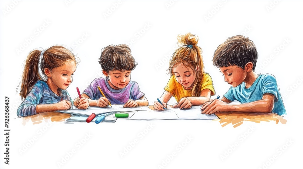 Group of kids writing a play together, collaborative storytelling, sketchy illustration, colorful, isolated on white background. Copy space for text, No logo, No Trademark, No text Group of kids writing a play together, collaborative storytelling, sketchy illustration, colorful, isolated on white background. Copy space for text, No logo, No Trademark, No text