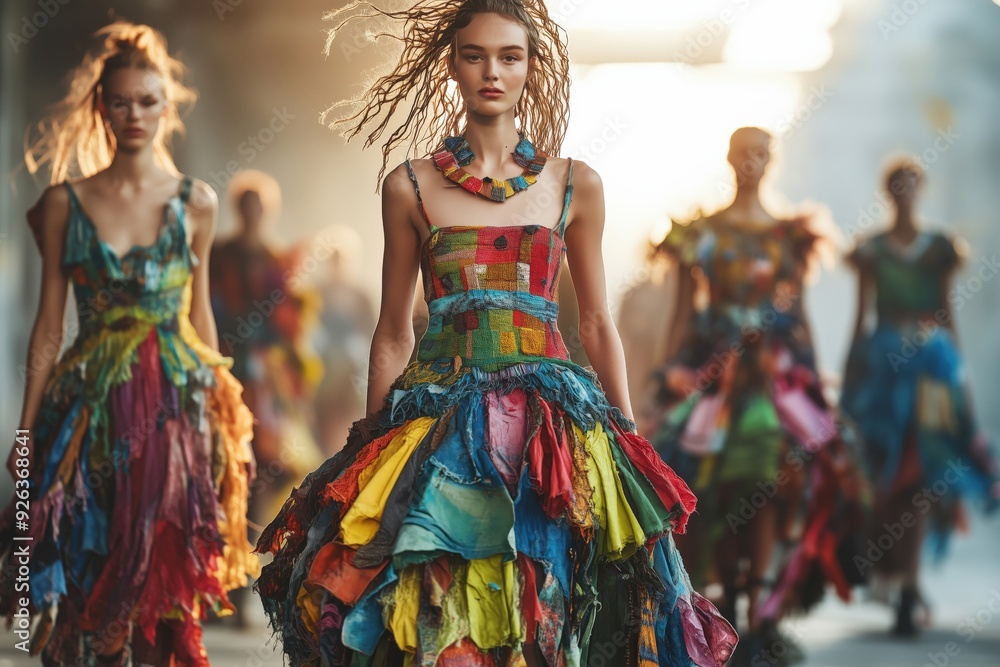 Naklejka premium Creative depiction of a fashion runway with models in recycled and upcycled garments, eco-conscious fashion show. Copy space for text, No logo, No Trademark, No text