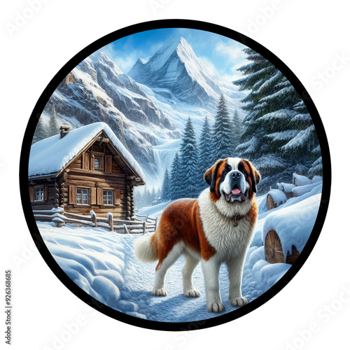 A circular 3D rendered watercolor painting of a St. Bernard dog, isolated on a transparent background
