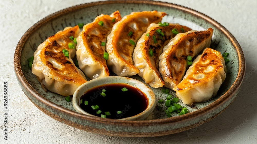 Delicious Korean Dumplings with Soy Sauce on White Background - Top View Asian Food Presentation with Copy Space Delicious Korean Dumplings with Soy Sauce on White Background - Top View Asian Food Presentation with Copy Space