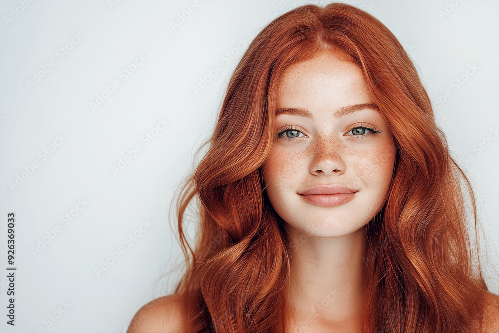 Portrait of a beautiful young woman with long, red hair and freckles smiling on a white background. Perfect for skincare hair care and lifestyle concepts. Copy space Portrait of a beautiful young woman with long, red hair and freckles smiling on a white background. Perfect for skincare hair care and lifestyle concepts. Copy space