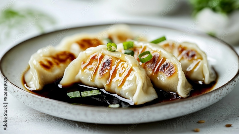 Delicious Korean Dumplings with Soy Sauce on White Background, Top View with Space for Text Delicious Korean Dumplings with Soy Sauce on White Background, Top View with Space for Text