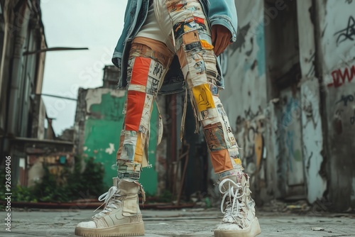 Streetwear outfit composed of upcycled materials, promoting sustainable urban fashion, zero-waste style. Copy space for text, No logo, No Trademark, No text photo