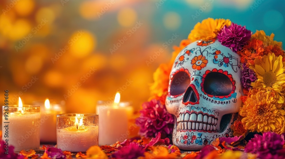 Day of the Dead Skull with Marigolds and Candles Day of the Dead Skull with Marigolds and Candles
