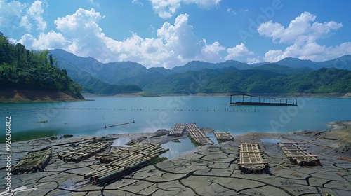 Drought's Impact: Abandoned Bamboo Boats at the Cracked Lake of Dreams, Wushantou Reservoir, Tainan, Taiwan photo