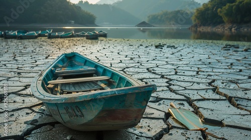 Tranquil Drought: Abandoned Bamboo Boats in the Drying Lake of Dreams, Wushantou Reservoir, Tainan, Taiwan photo