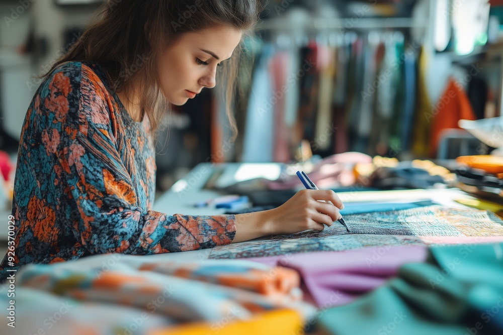 Fototapeta premium Designer sketching a clothing line using recycled fabrics, emphasizing sustainable fashion practices, creative recycling. Copy space for text, No logo, No Trademark, No text