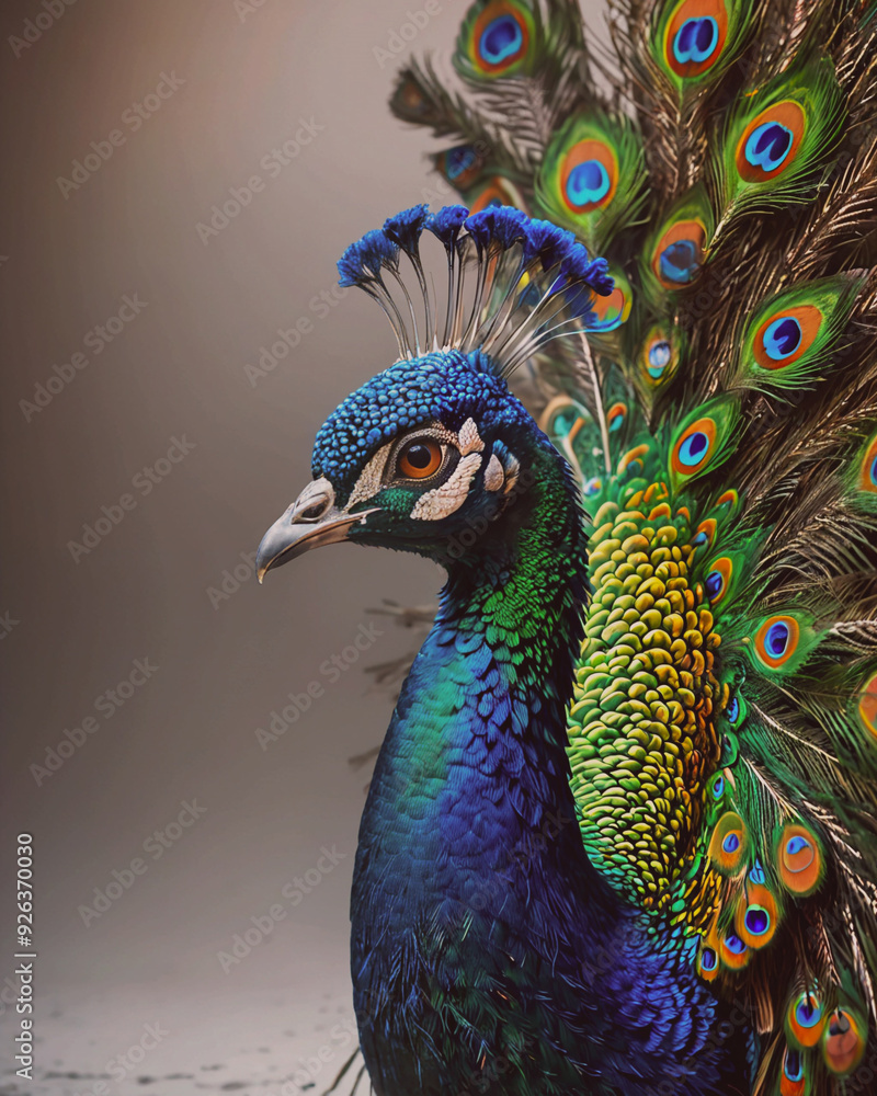 Obraz premium Portrait of Adult male peacock displaying dolorful feathers