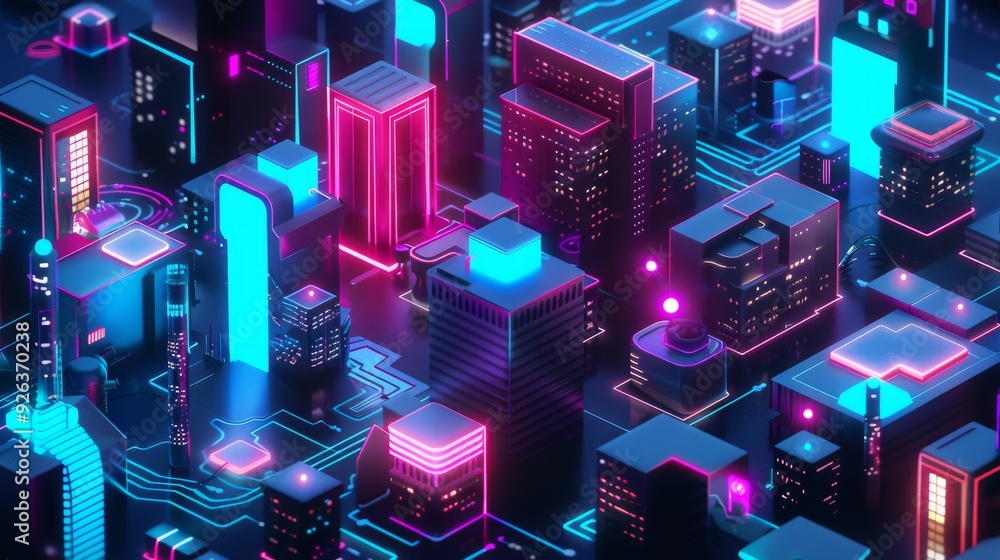 A futuristic city made up of glowing blue and pink blocks A futuristic city made up of glowing blue and pink blocks