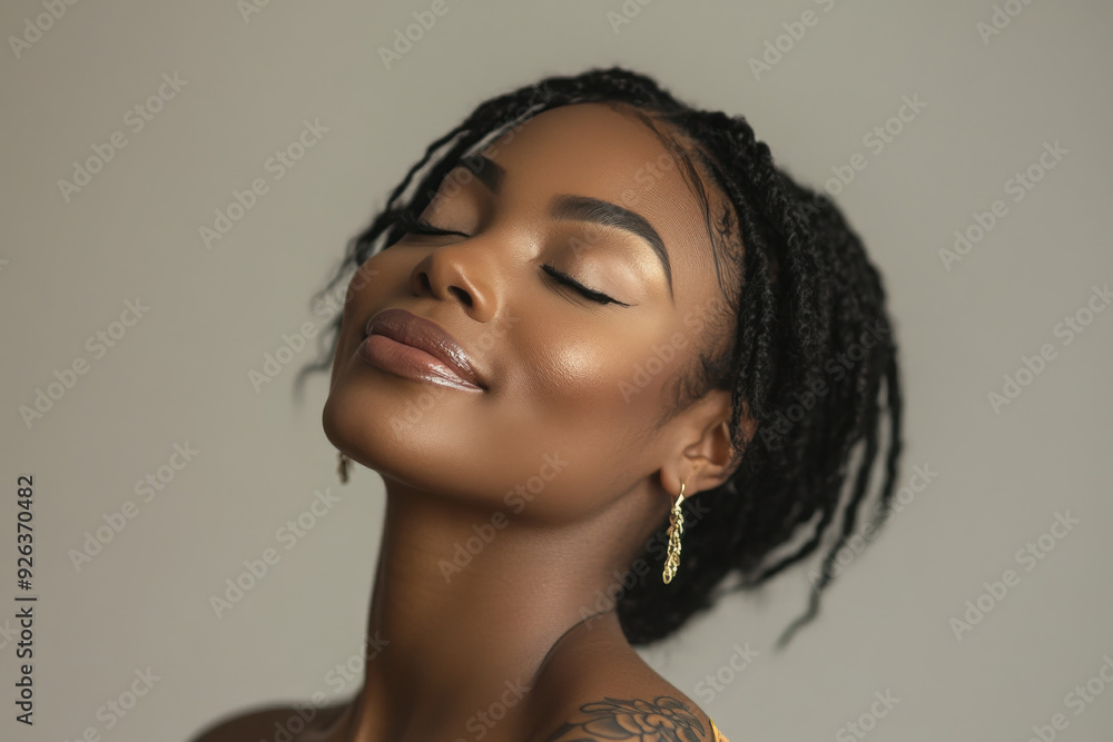 A close up of a tattooed black woman's face with her eyes closed A close up of a tattooed black woman's face with her eyes closed