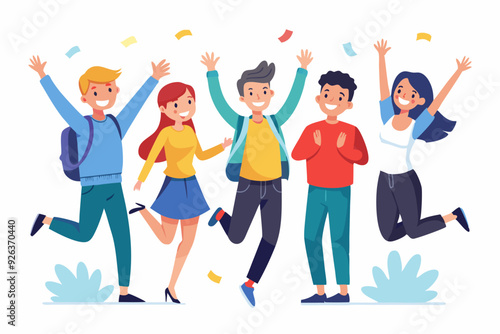 Happy group of students are jumping on a white background. Cheer
