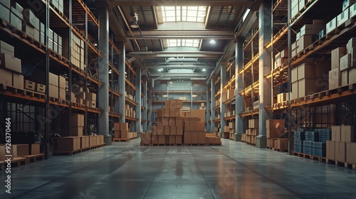 Large Industrial Warehouse with High Racks and Cardboard Boxes in a Spacious and Well-Lit Interior