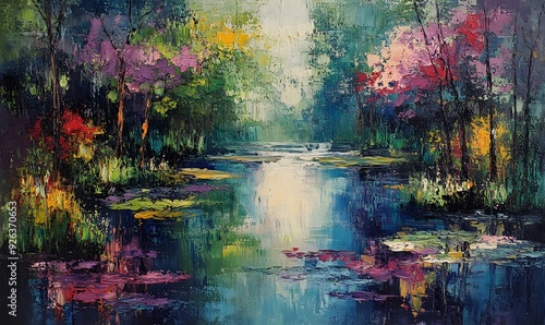 Impressionistic Oil Painting of a River Flowing Through a Forest