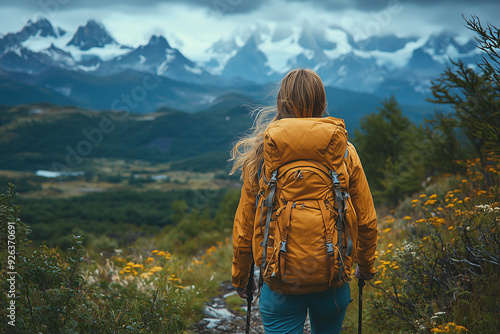 A person hiking in a scenic nature location, emphasizing sustainable and mindful travel practices. photo