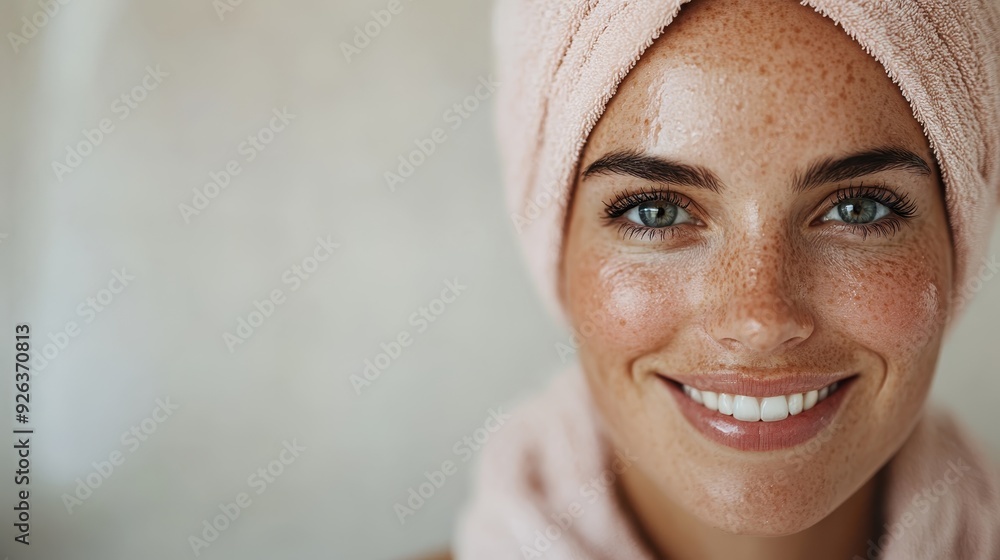 A woman with freckles, smiling broadly with a towel wrapped around her head, showcasing her natural skin and beauty, creating a fresh, relaxed ambiance. A woman with freckles, smiling broadly with a towel wrapped around her head, showcasing her natural skin and beauty, creating a fresh, relaxed ambiance.