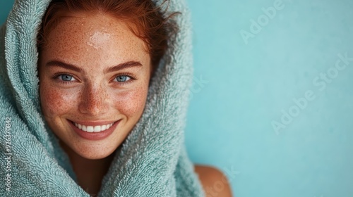 A cheerful woman with red hair and freckles, wrapped in a green towel, smiles confidently at the camera, embodying the essence of fresh, post-shower rejuvenation. photo