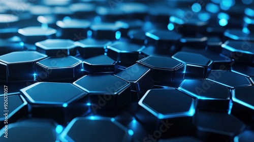 A background of blue-toned hexagonal patterns with light effects, symbolizing modern technology.