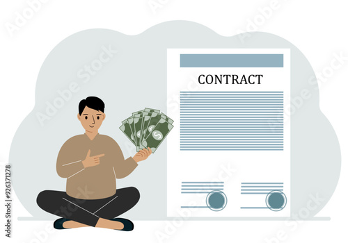 A man receives money for a deal. Next to it is a large contract with seals. The concept of a financial agreement, signing a contract or a deal.