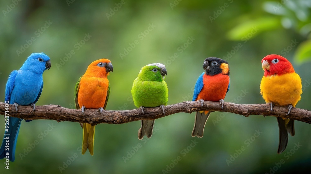 Colorful Birds Perched on Branch Colorful Birds Perched on Branch